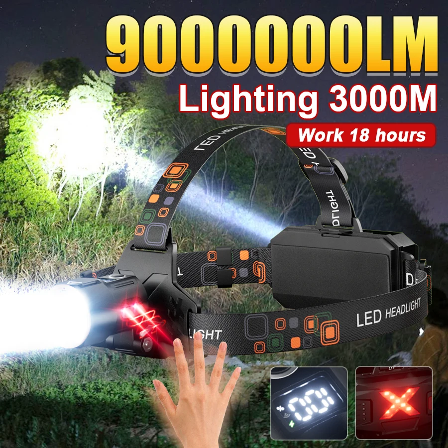 

9000000LM Sensor Headlamp Rechargeable LED Front Lamp With Warning Light Powerful Headlight Waterproof Outdoor Camping Lantern