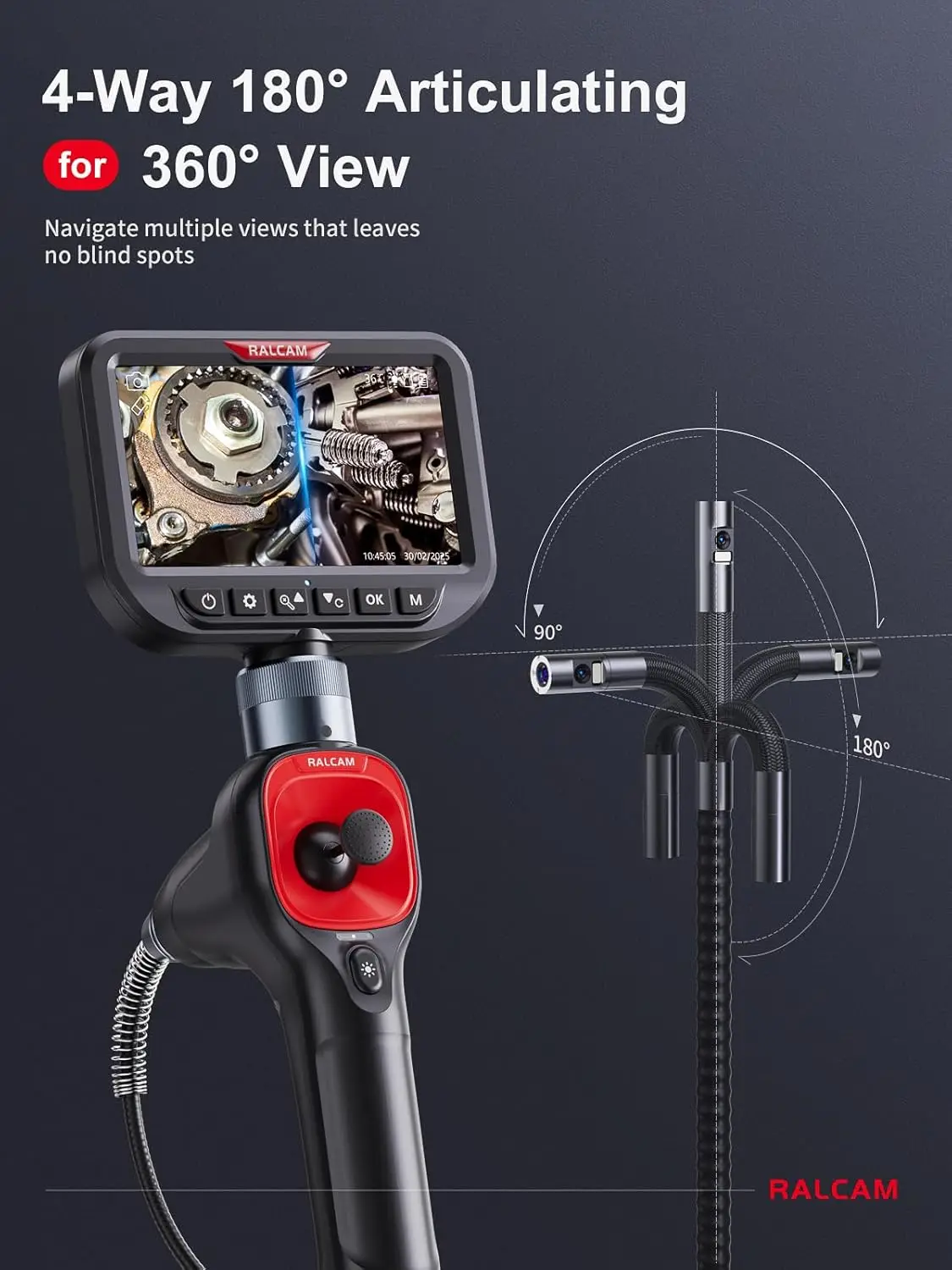 RALCAM 720 Degree Rotation Camera 5 Inch Endoscope 6.2mm Dual 1080P Full HD Endoscope Camera for Industrial Inspection