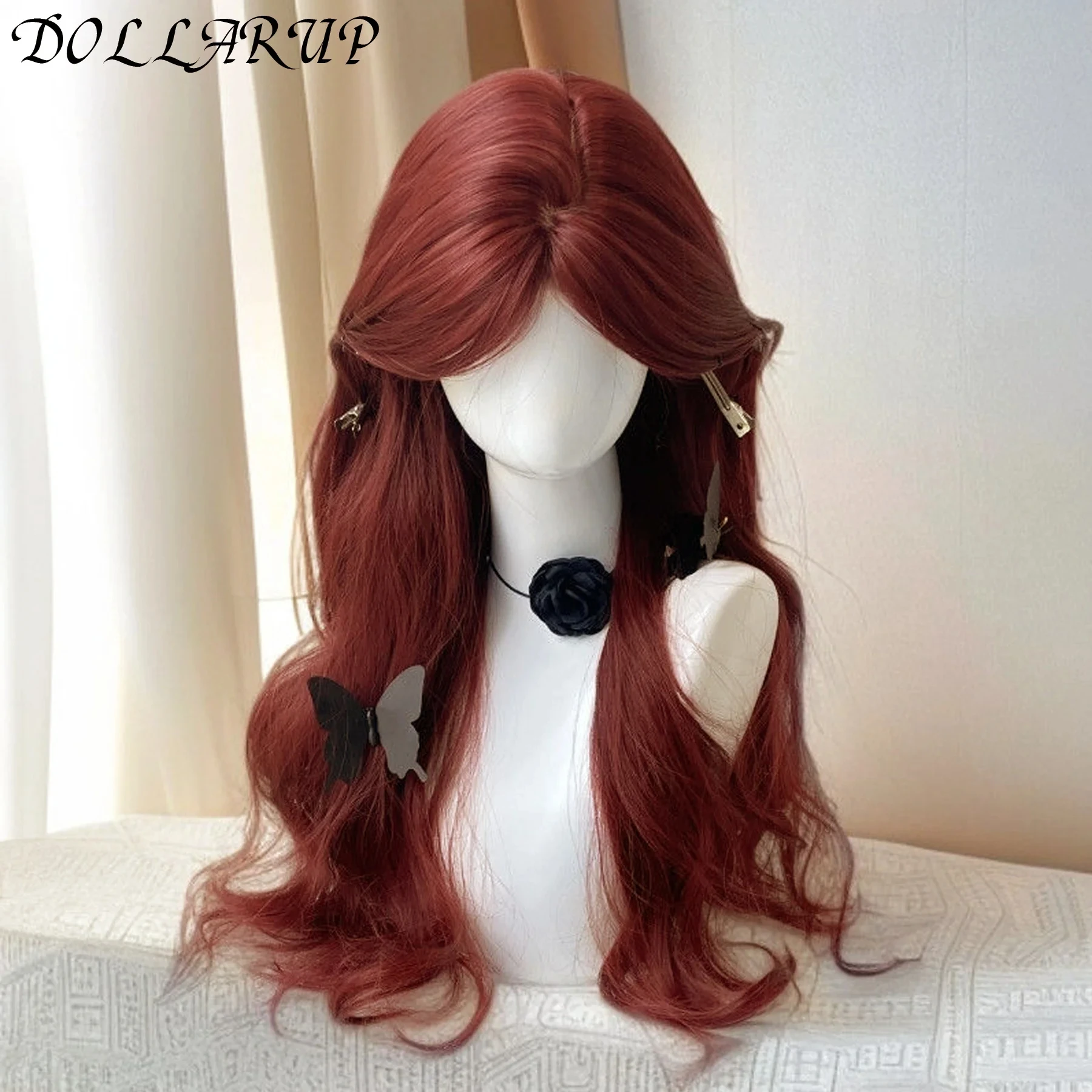 

JKL красный волнистый синтетический парик Длинный объемный волнистый красный натуральный парик средняя часть косплея Хэллоуин гладкий парик из волокна для женщин