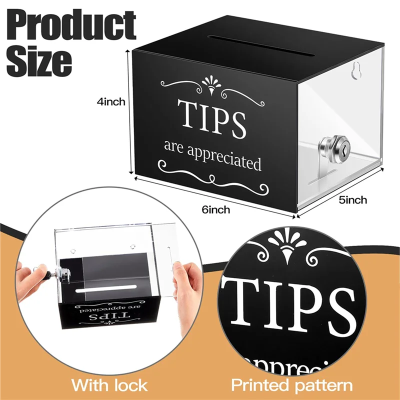 BNVN-2X Tip Jars For Money 6 X 4 X 5 Inch Tip Collection Box With Lock Donation Suggestion Box For Tip Storage Raffling Box
