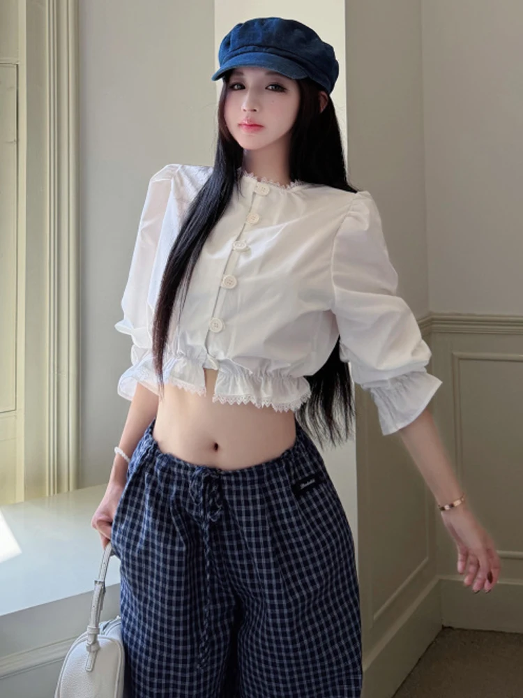 Sexy Lace Trim Bell Sleeve Crop Top High Waist Loose Wide Leg Pants Set Fashionable Contrast Color Shirt Style Casual Outfit