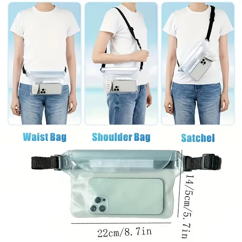 Transparent touchscreen-compatible waterproof phone pouch and waist pack—ideal for water sports, the beach, and water parks.