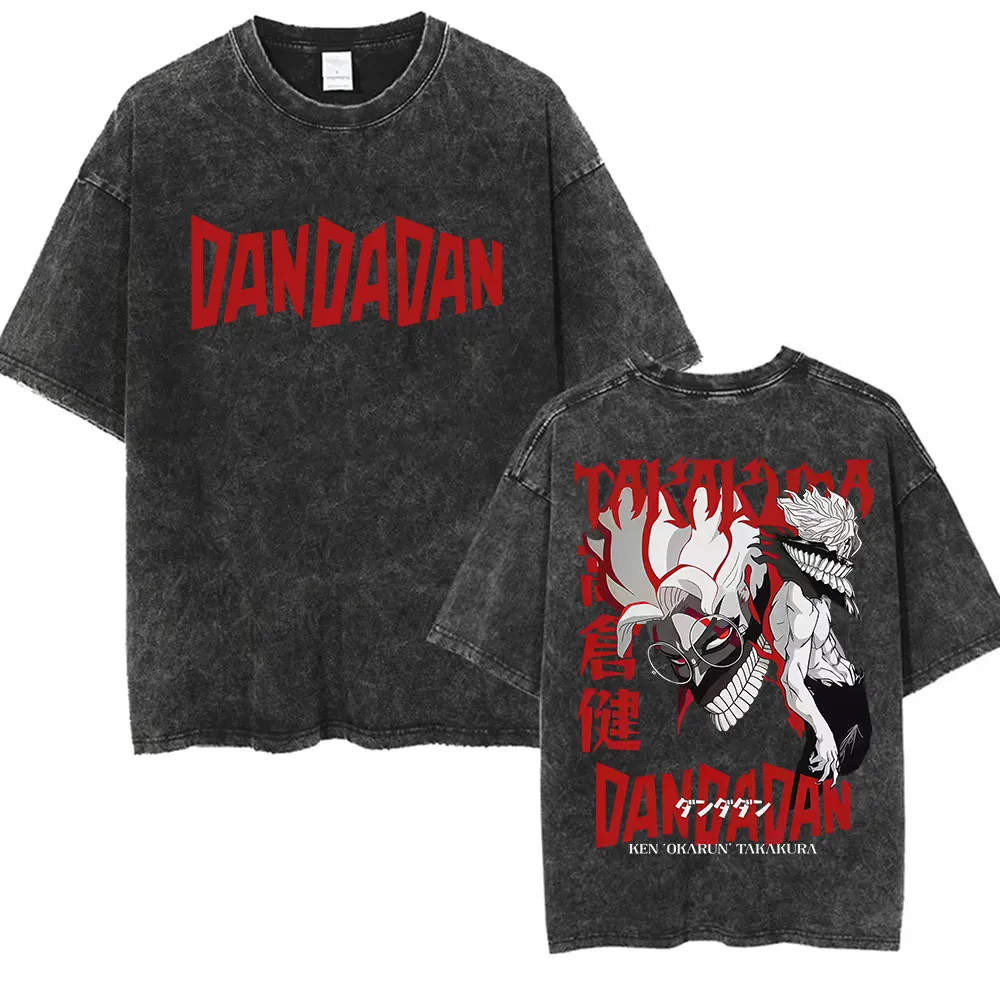 Vintage Washed Anime Dandadan Okarun Dan Da Dan Grafik-T-Shirt für Herren und Damen, Sommer, lockerer Schnitt, O-Ausschnitt, Kurzarm, Streetwear