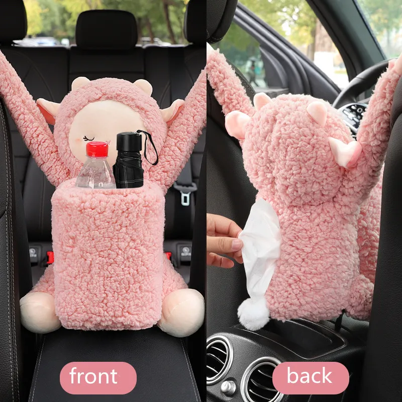 

Plush Cartoon Animal Car Tissue Box Trash Can Two In One Creative Multi-function Storage Hanging Bag Lady Car Cute Decoration