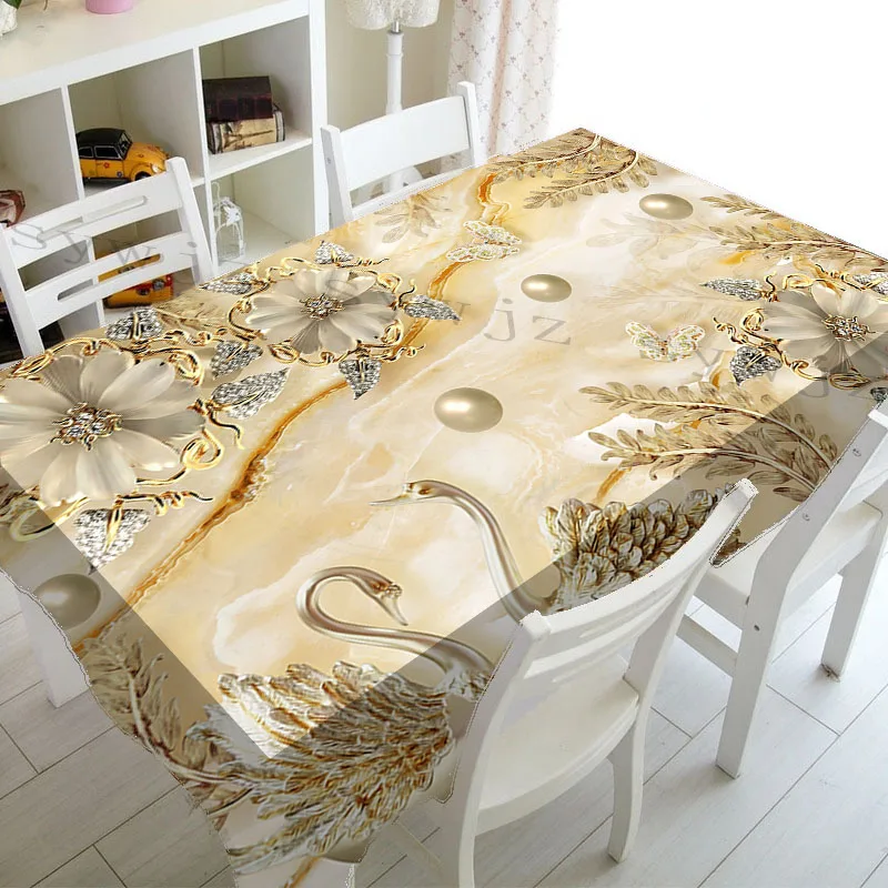 Luxury Pearl and Flower Butterfly 3d Printing Dining Room Tablecloth Dustproof Rectangular Home Kitchen Accessories Tablecloth