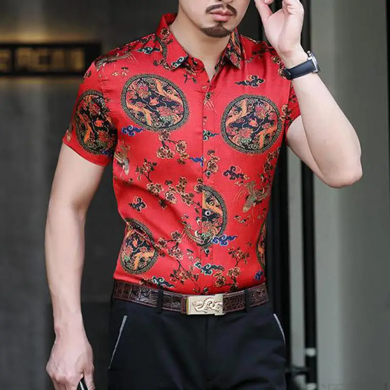 

Red Dragon Flowers Big Size Blouse Floral Printed Stylish Mens Clothing Large Fashionable Man Shirt Beach Fancy Oversize Costume