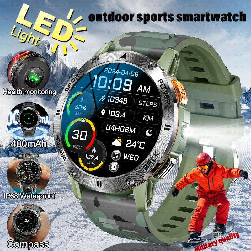 NEW Flashlight Outdoor Sports Smart Watch Men Heart Rate Blood Oxygen Monitor Compass AI Voice Assistant BT Call 400mAh Watches