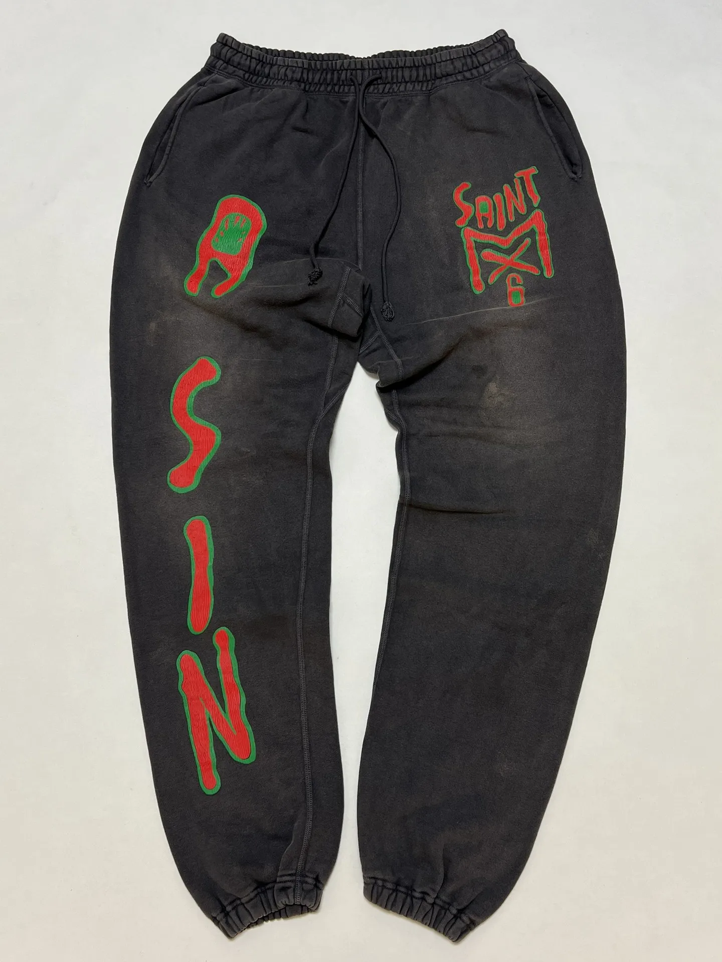 Top quality Oversize SAINT MX6 Sweatpants Men Women Saint Cracked Logo Faded Black Vintage Sweat Pants