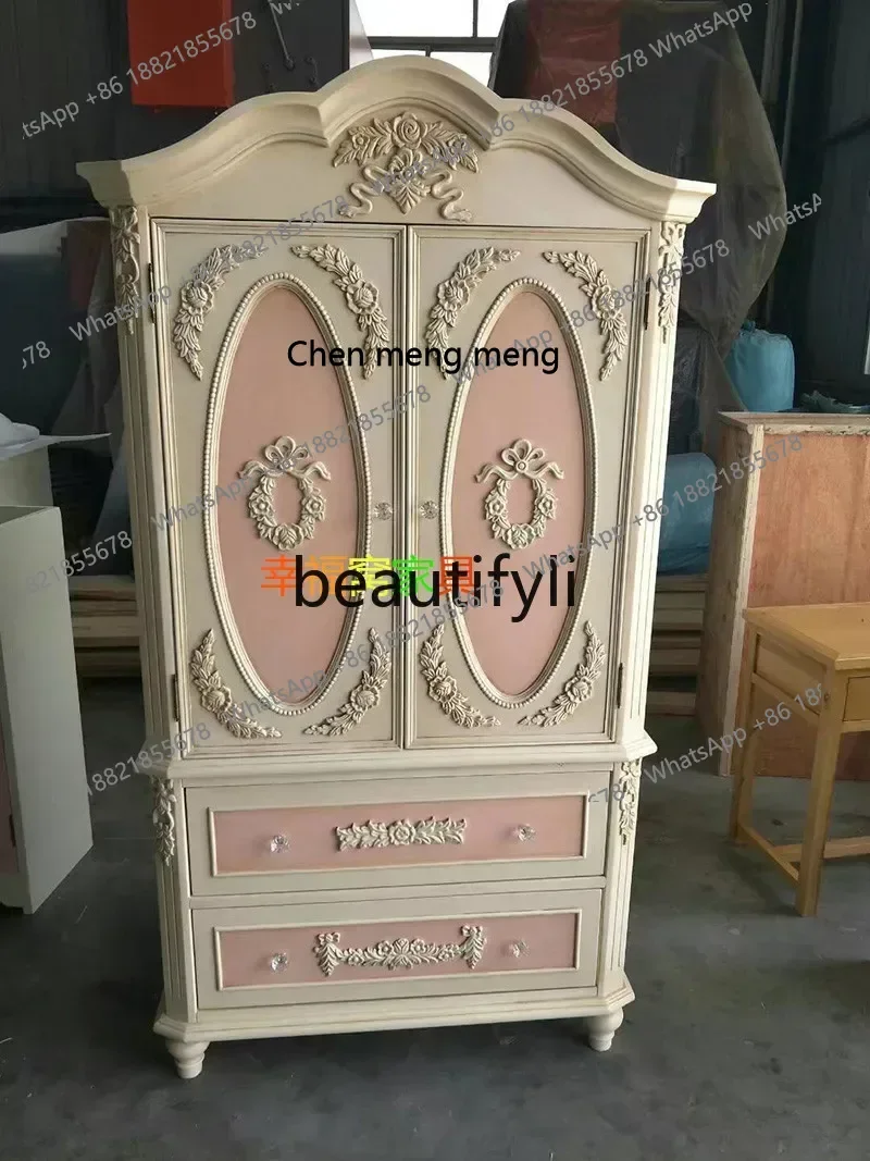 

D178 French solid wood old double door wardrobe carved retro girl room pink locker