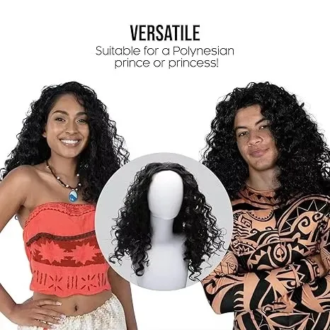 WHIMSICAL W Synthetic Polynesian Black Curly Cosplay Wig for Maui Role Play Polynesian Hair Wig Halloween Wig for Men Women