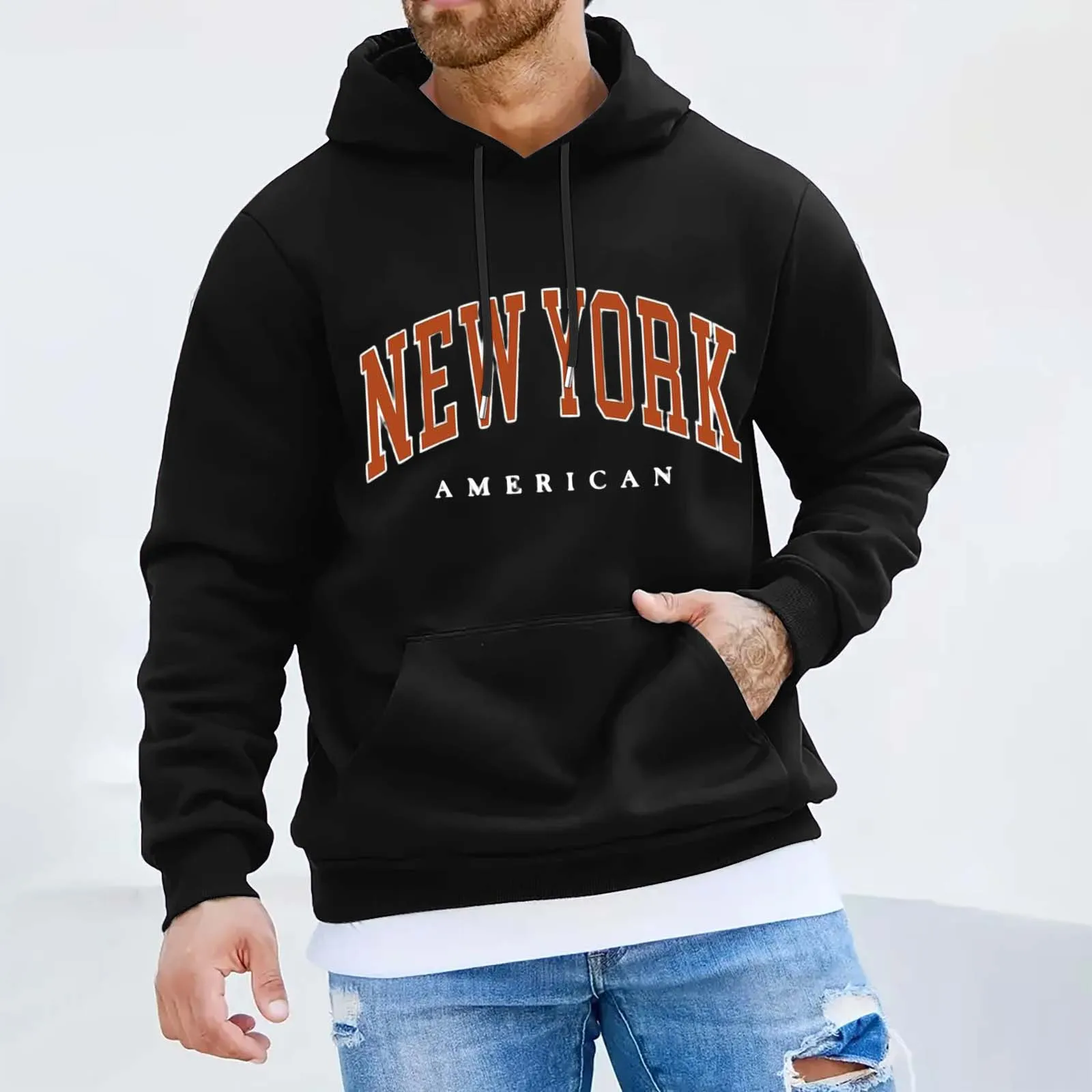 

Men's Fashion Sports City Print Long Sleeve Pullover Hoodie Textured Casual Sweatshirt Preppy Hoodies