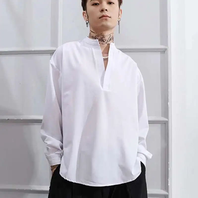 Loose Solid Shirt Men's Sleeve Color Personality Versatile V-Neck Long Pullover Coat