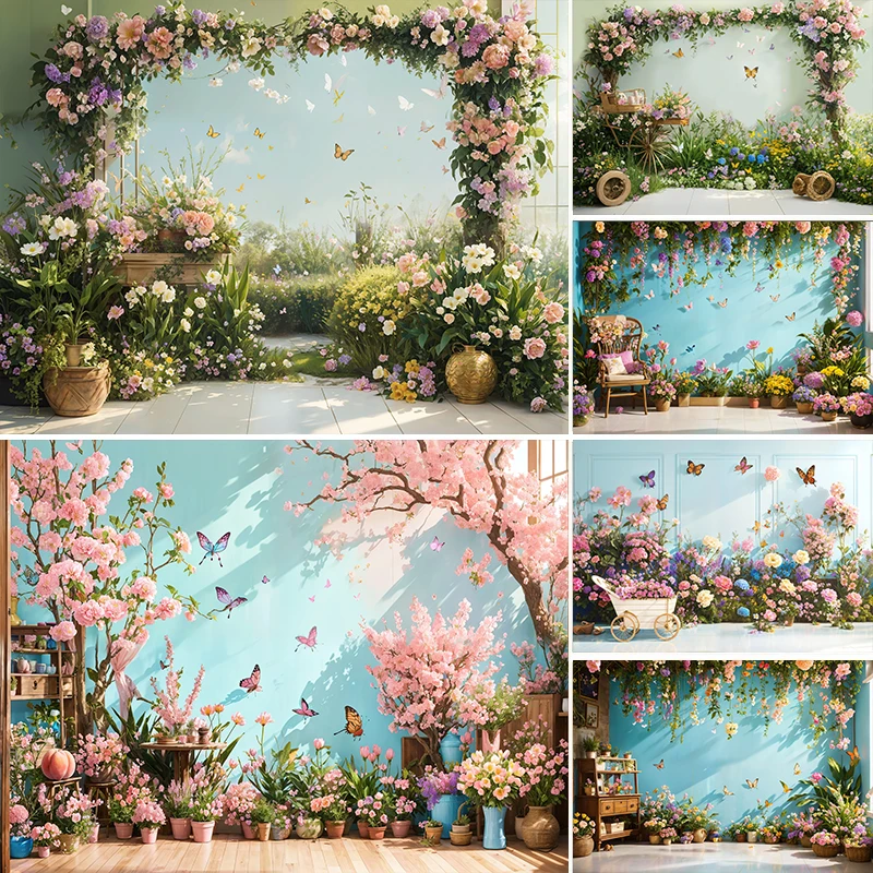 

LS Photography Background Spring Easter Light Glitter Flower Butterfly Kids Birthday Party Portrait Decor Backdrop Photo Studio