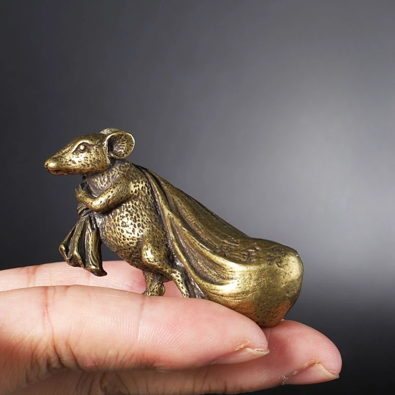 6x3.6cm Pure Copper Mouse Ornament Lucky Golden Bag Mouse Zodiac Tea Pet Creative Feng Shui Ornaments for Home Use