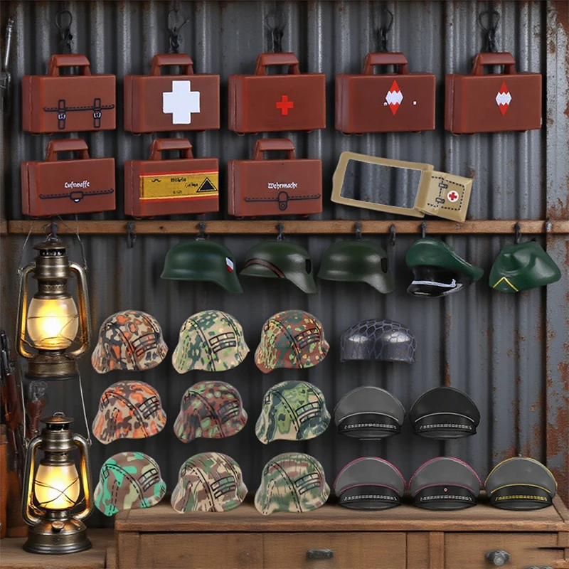 Accessoires de la série militaire de la seconde guerre mondiale, blocs de construction, figurines de soldats, casque d'officier, guerrier, sac médical, briques d'infanterie, jouets
