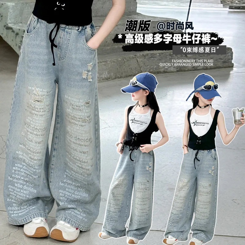 

Ripped Jeans for Girls Spring Summer Kids Loose Straight Pants Casual All-match Streetwear Teenage Child Trousers with Letter