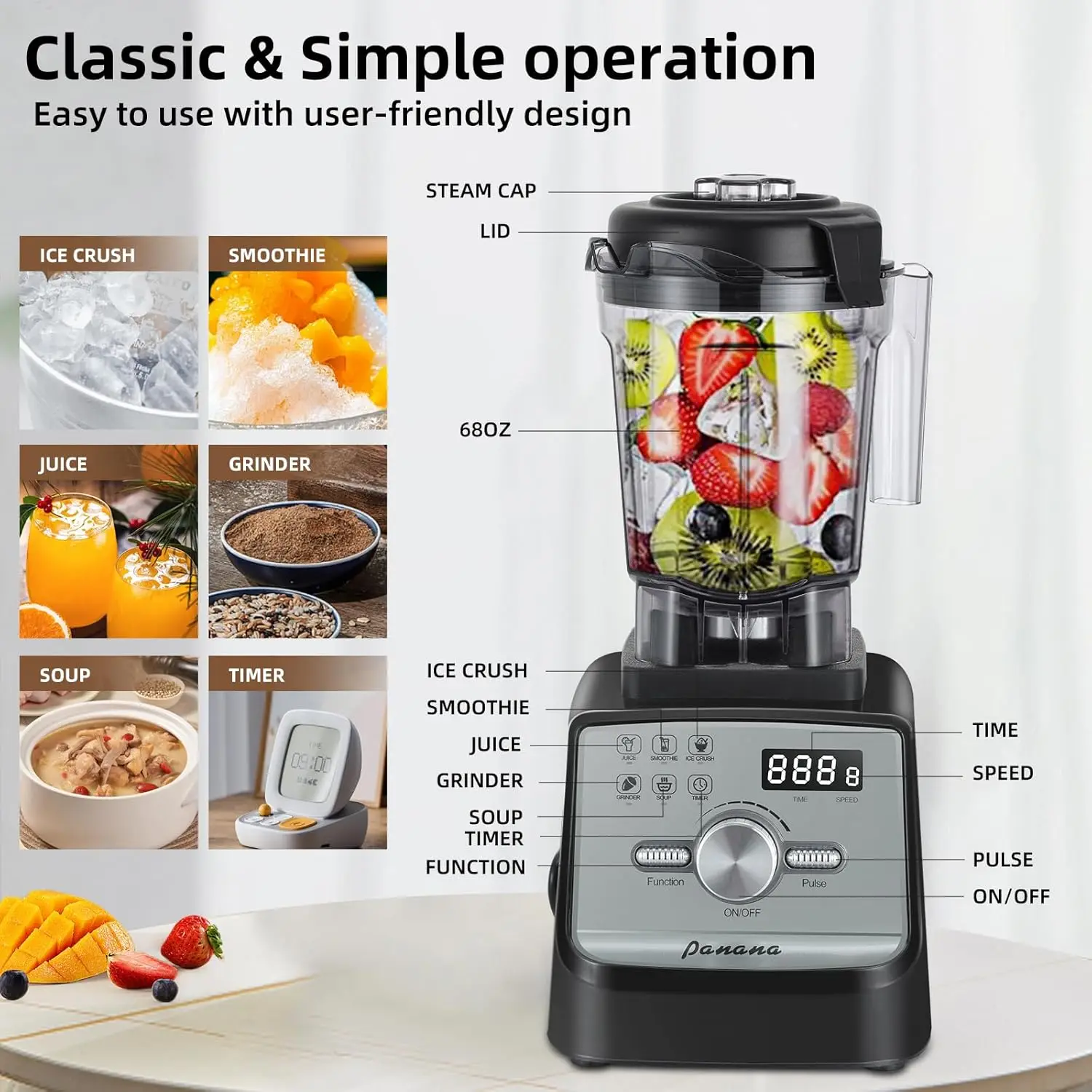 เครื่องปั่นมืออาชีพ, เครื่องปั่นบนเคาน์เตอร์, เครื่องปั่นสมูทตี้สําหรับบ้าน, ความจุขนาดใหญ่ 1400W 68 ออนซ์พร้อมฟังก์ชั่นอัจฉริยะ 5 ฟังก์ชั่นสําหรับน้ําแข็ง