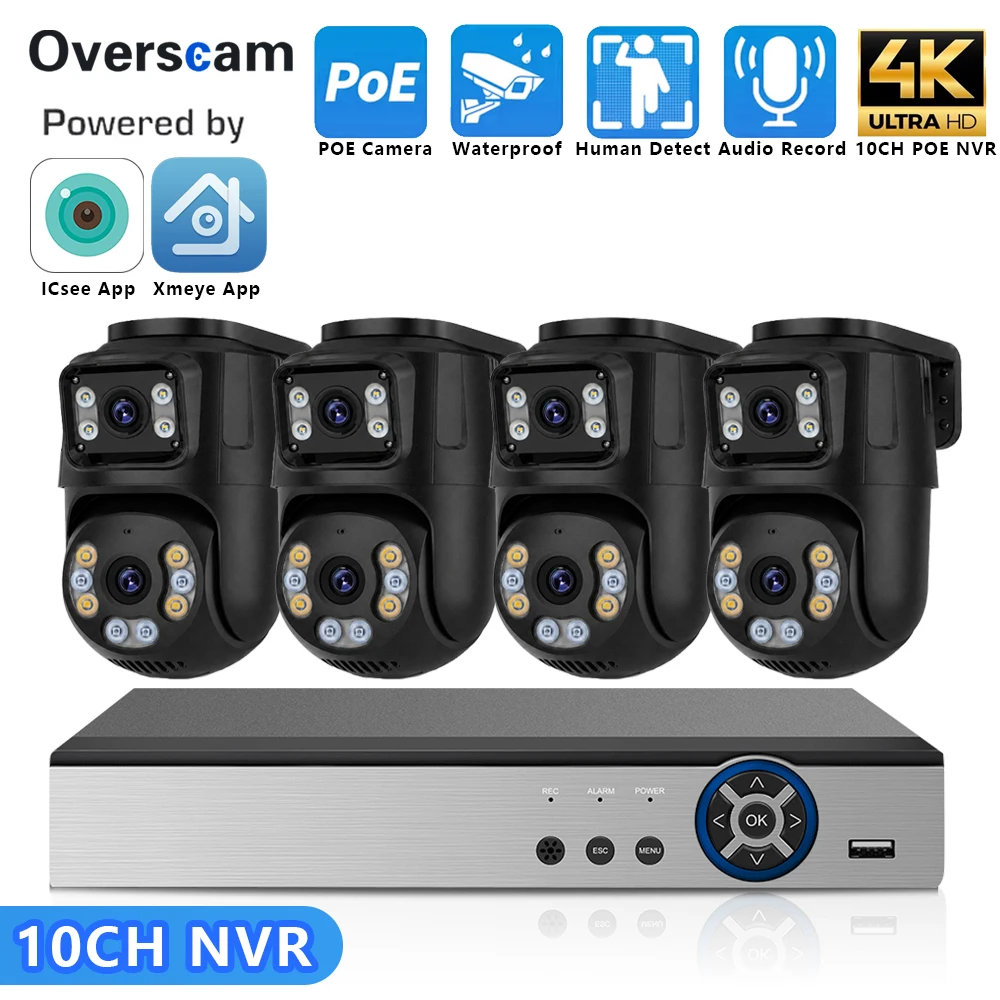 4K 8MP Dual Lens POE PTZ Security Camera System 10CH NVR Cameras Human Detection Audio Record Waterproof ICSee Xmeye CCTV Kits