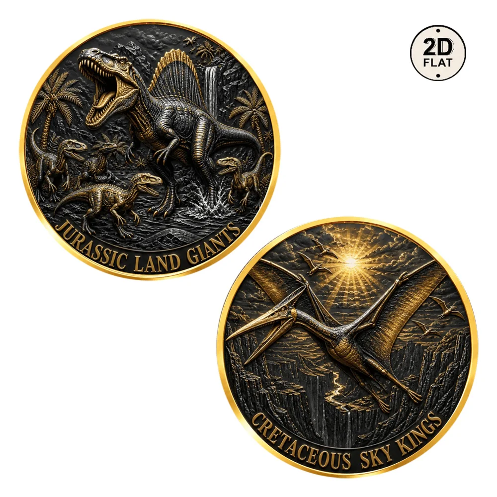 1pc 2D Print Prehistoric Dinosaur Metal Challenge Coin Land Giants Sky Kings Collectible Medal Gift for Dinosaur Enthusiasts