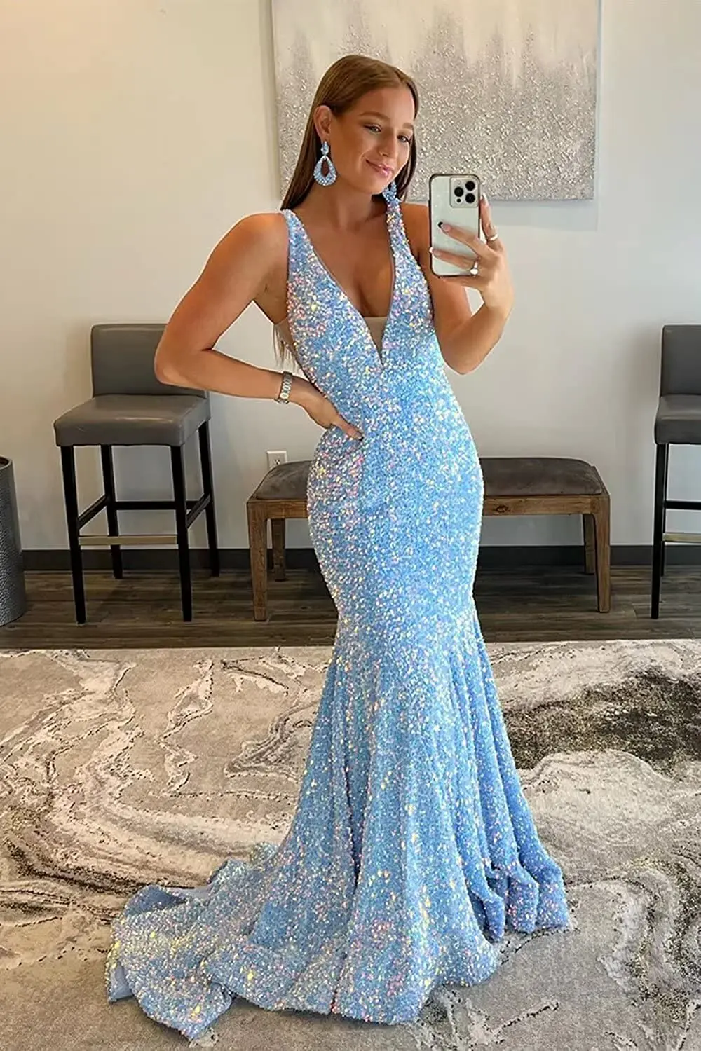 Blue Backless Evening Dress Mermaid V Neck Sparkly Sequins Long Prom Gowns For Birthday Party Vestido De Festa AE0804