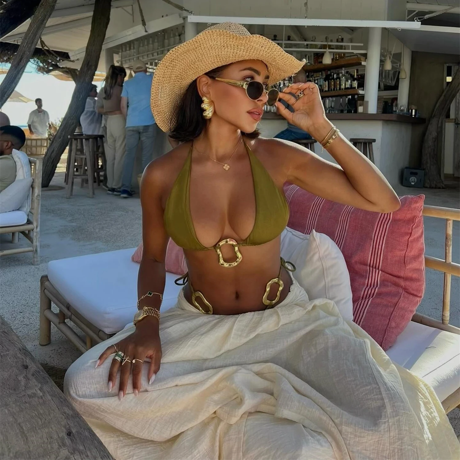 3Pcs Halter Bikini With Cover Up Beach Skirt Cut Out Swimsuit Women Swimwear Sexy Swim Suit Off Shoulder Biquini Bodysuit Outfit image 4