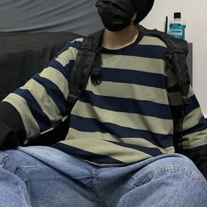 Y2k Gestreiftes Sweatshirt Tops Patchwork Gothic Grunge Langarm Übergroßes T-Shirt Harajuku Streetwear Academia Hip Hop T-Shirt