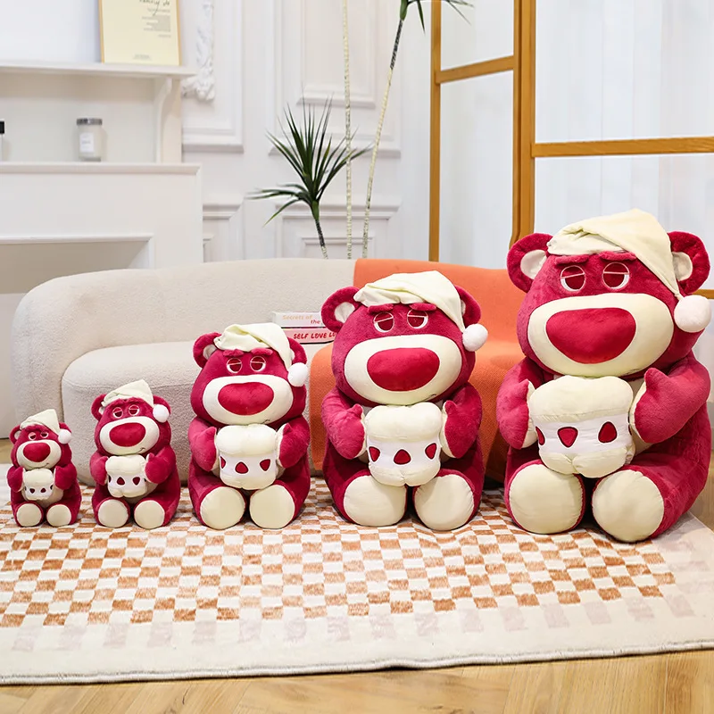 Kawaii ألعاب من نسيج مخملي لطيف الفراولة الدب محشوة دمية الكرتون كعكة تيدي بير قبعة النوم محبوب وسادة هدية للأطفال عيد ميلاد