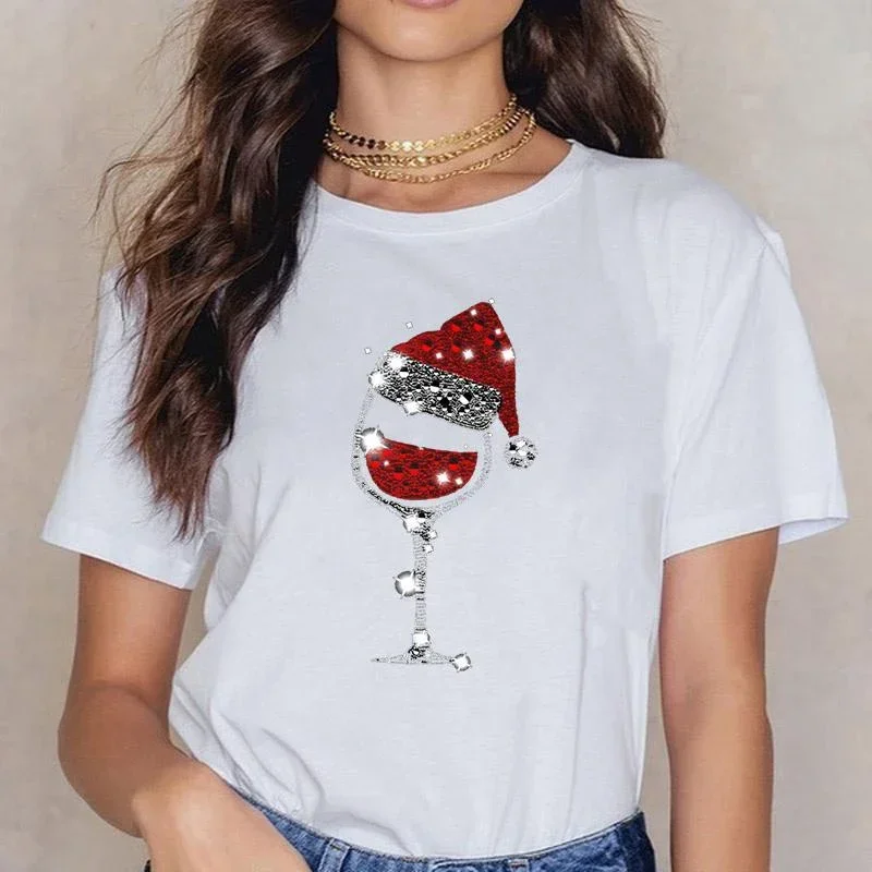 Camiseta de manga curta casual gola redonda feminina, estampado em copo de vinho tinto, aconchegante, Natal, novo