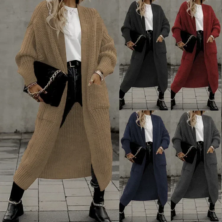 

Women Autumn Winter Long Cardigan Loose Knitted Full Sleeve Sweaters Y2k Tops Long Coats Pockets Thick Mid Length Maxi Jumpers