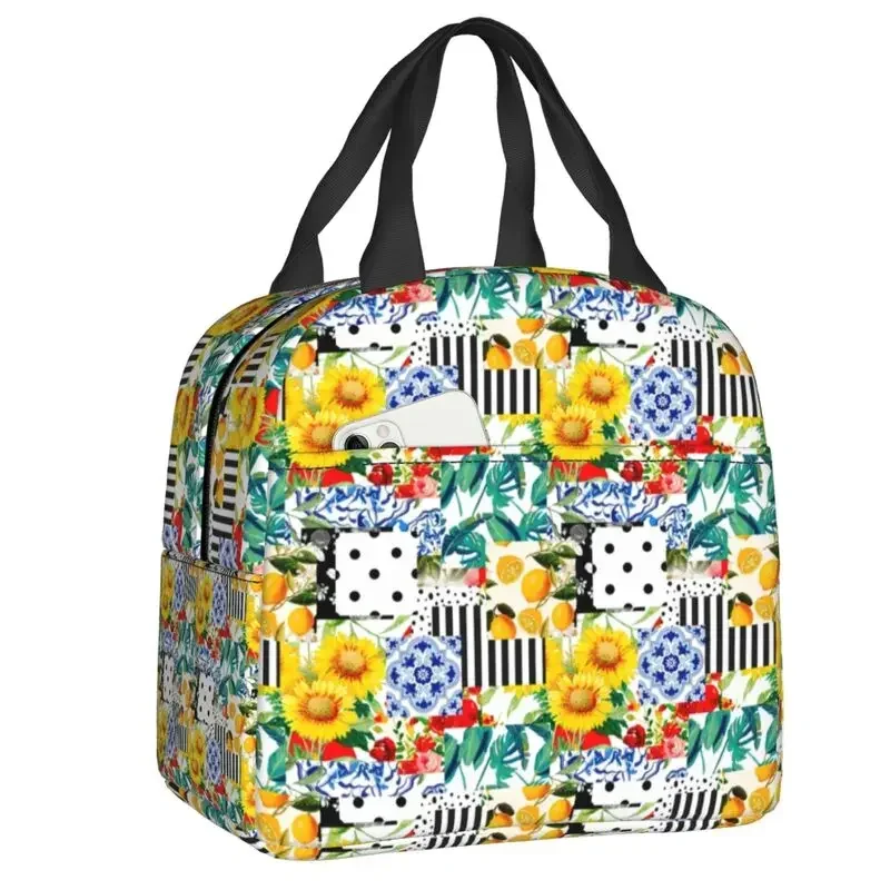 

Sicilia Summer Fruit Lemon Citrus Tiles Lunch Bag Warm Cooler Insulated Lunch Container Box for Kids Food Picnic Tote Bags