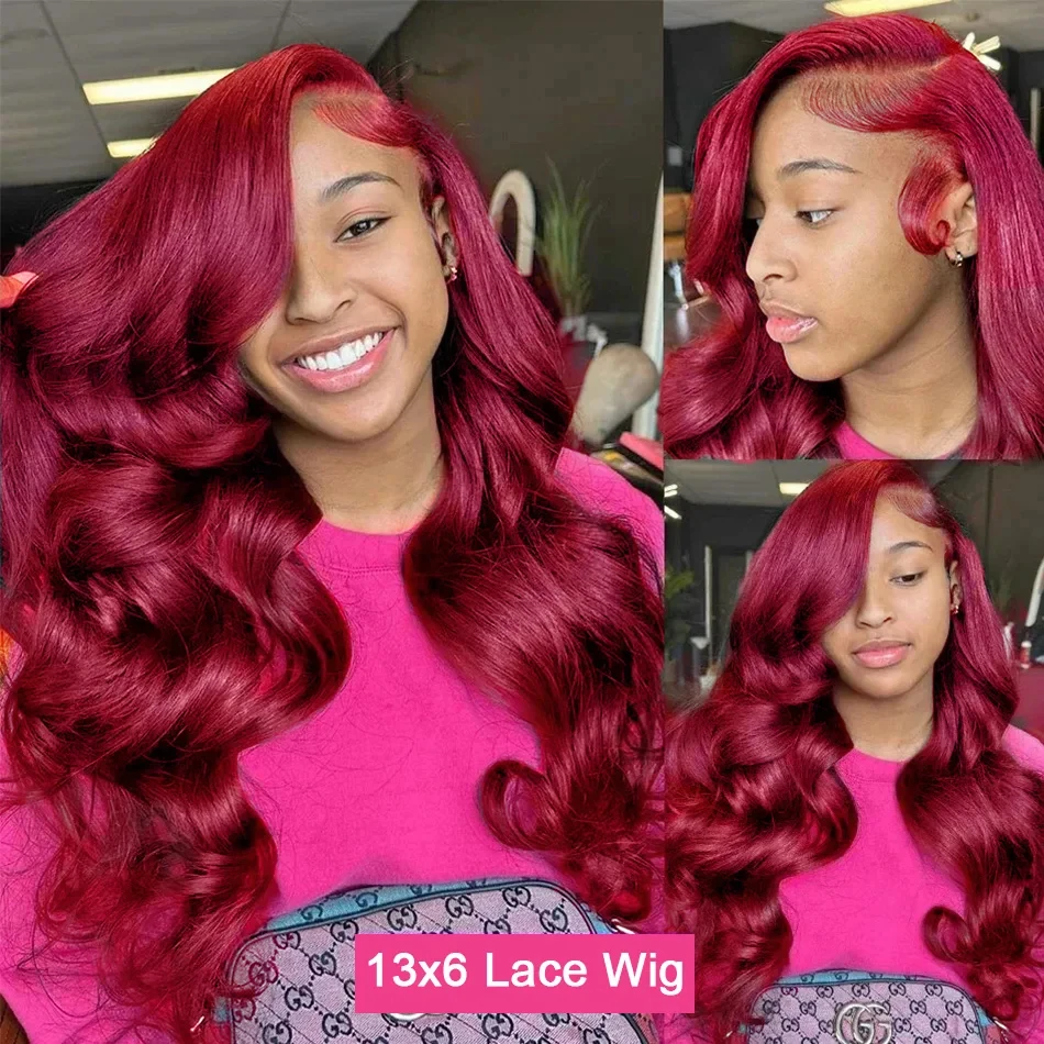 100% Choice Transparent Lace Burgundy Wigs 13x6 Brazilian Colored Human Hair Body Wave Frontal Cheap Wig For Women On Sale