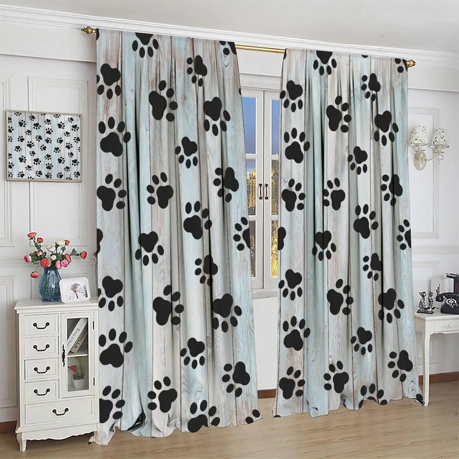 Dog Paws Curtains Farm Wooden Board Black Paws Pattern for Kids Room Decoration Print Decor Rod Pocket Window Drapes for Bedroom
