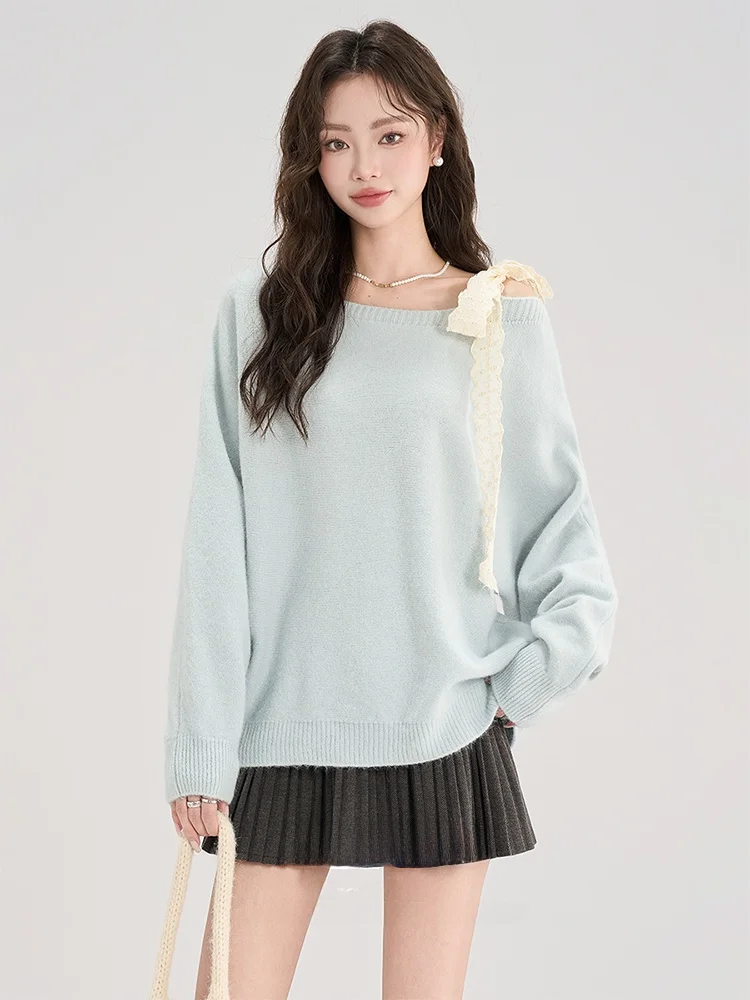 

Loose Knitted Sweater Women's Faion Autumn Winter New Small Design Slant oulder Knot Belted Top Sweet Sle Col...