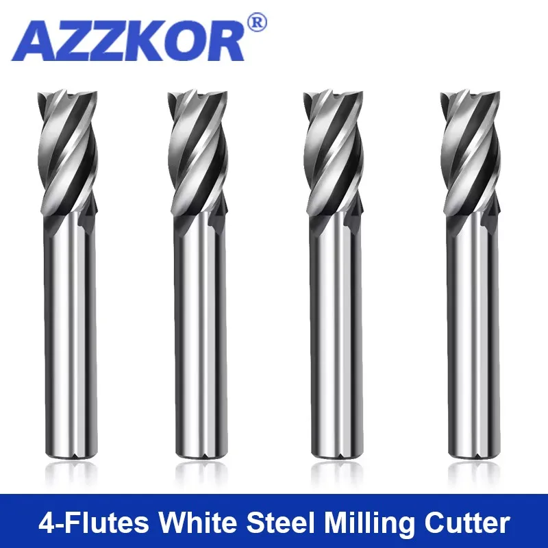 AZZKOR For CNC Machine Tools Metal Processing HSS Milling Cutter 4-Flutes High Hardness White Steel Straight Shank End Mill