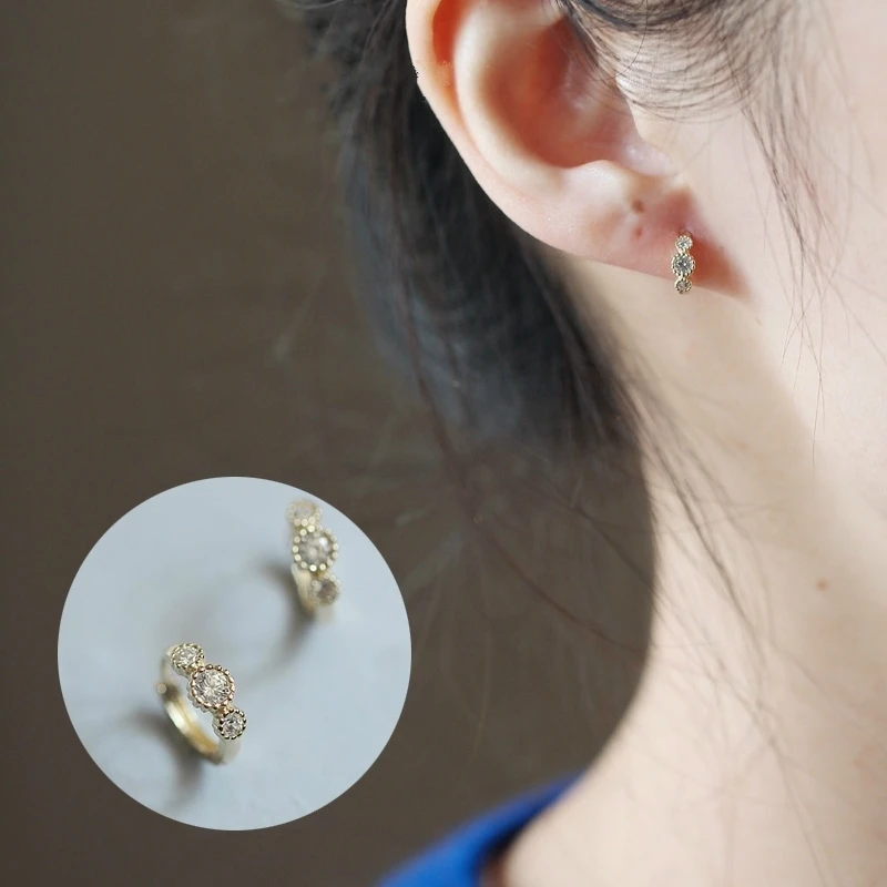 GOLDtutu Three Diamond Earrings, Pure 9K Gold, Small Zircon, Lovely Temperament, Mini Japanese and Korean, kj229