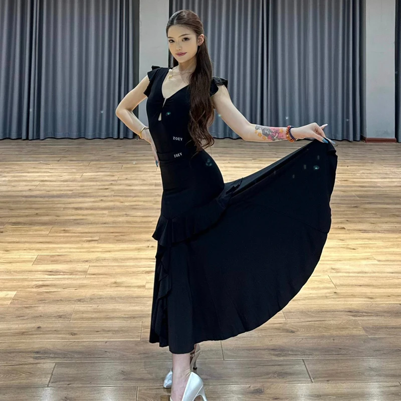 여성 볼룸 댄스 경연 대회 의상 성인 러플 라틴 탑 모던 댄스 스커트 여성 라틴 댄스 의상 SL12704