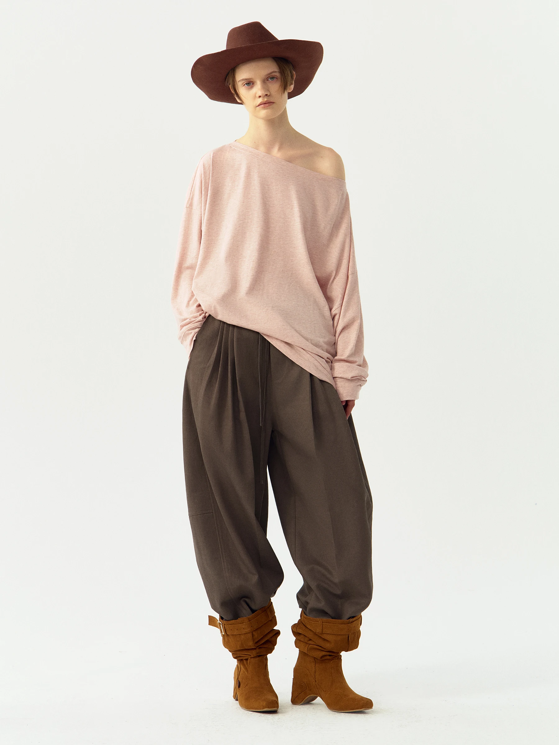 VERMO Wool Cotton Blend Oversized Long Sleeve Knitted T-Shirt Casual Style One-Shoulder Color Texture Women's Top