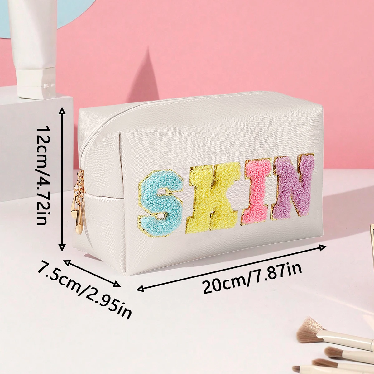 Chenille Letter Cosmetic Bag PU Leather Waterproof Pouch Cute Zipper Organizer, Skin, Hair , Face and Glam.-zmt