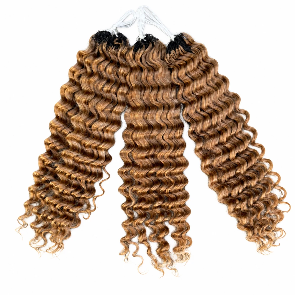 Deep Wave Crochet Feather Human Hair #27 Honey Blonde Miracle Knots Extensions Pre Separated Knotless Braiding Hair With String Soft Natural Curly Texture Boho Crochet Braids Lightweight Reusable Hair Extensions