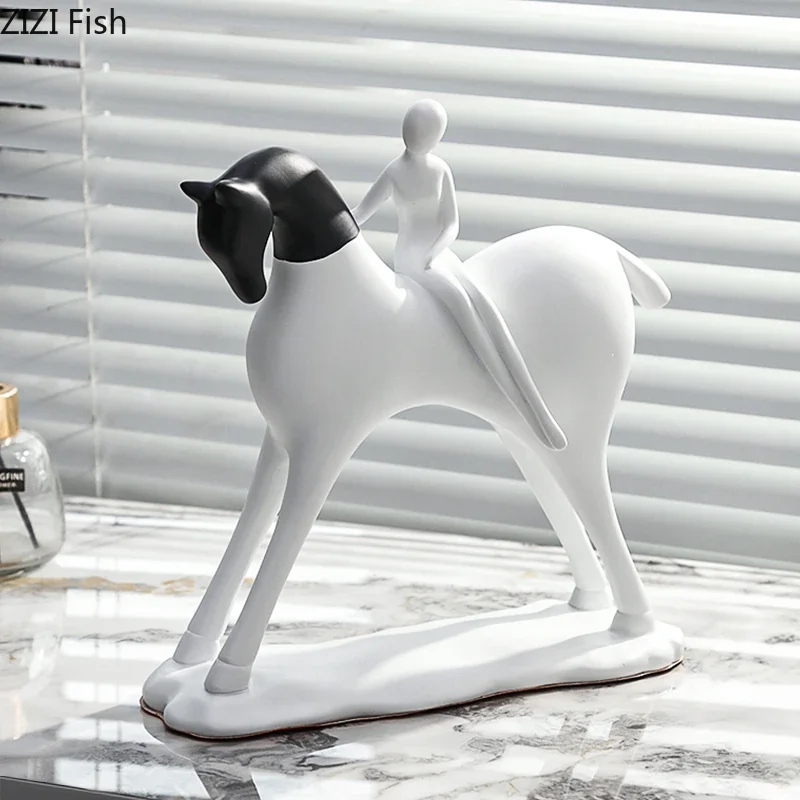 Minimalist Black and White Abstract Sculpture Horse Rider Resin Ornament Character Art Statue Figure Sculpture Decoration Crafts