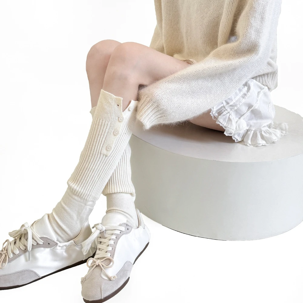 2026 Autumn and Winter Leg Warmers Button Foot Stepping Leg Cover Knitted Foot Cover Japanese Solid Color Leg Warmers Calf Socks
