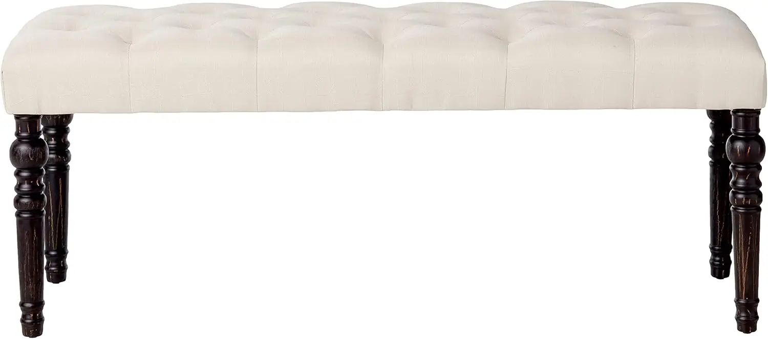 Leviton Fabric Tufted Turned Leg Dining Bench, beige