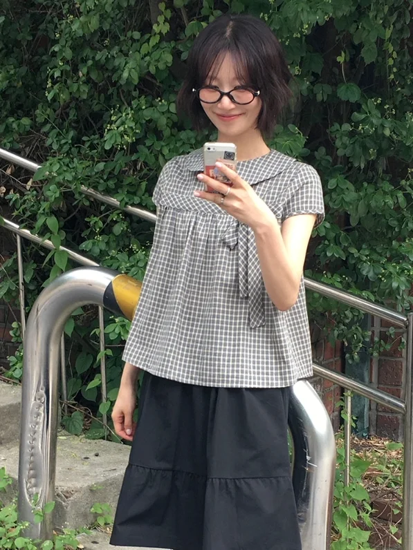 

Cute Plaid Doll irt Women's Summer New Sle Versatile Doll Collar Knot Belt ort Length Top Commute Sle Loose...