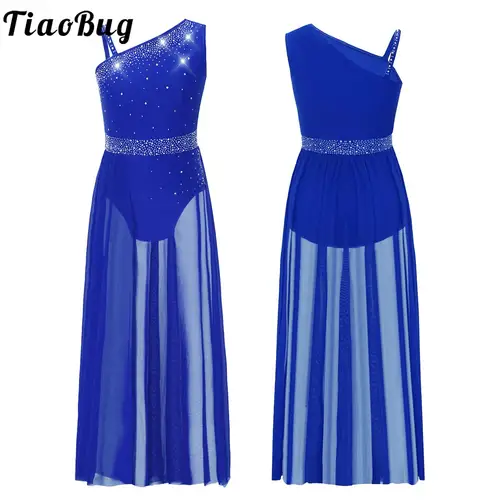 Vestido de baile moderno lírico con diamantes de imitación para niña, vestido asimétrico sin mangas para Ballet, gimnasia, patinaje artístico, leotardo, Ropa de baile