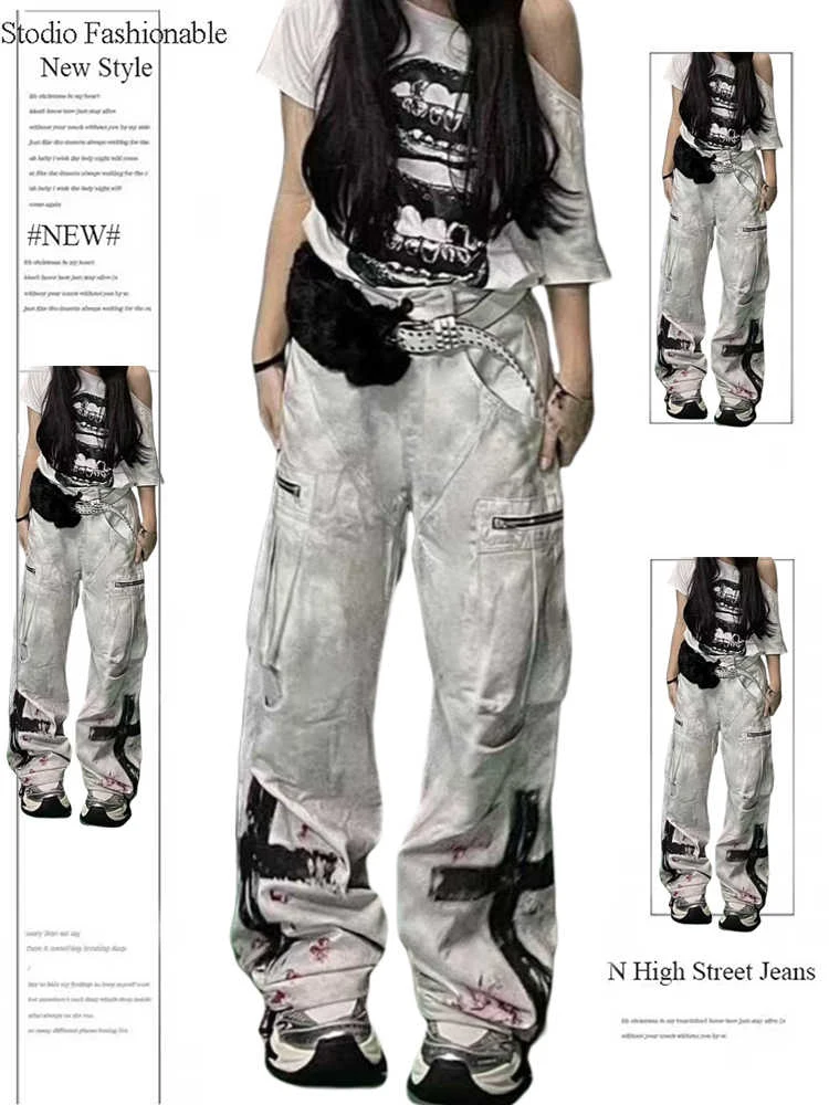 

Женские широкие джинсы с граффити, мешковатые джинсовые брюки-карго, темные академические Y2K, японский Harajuku Goblin Core, ковбой, 2000-е, гранж, новинка