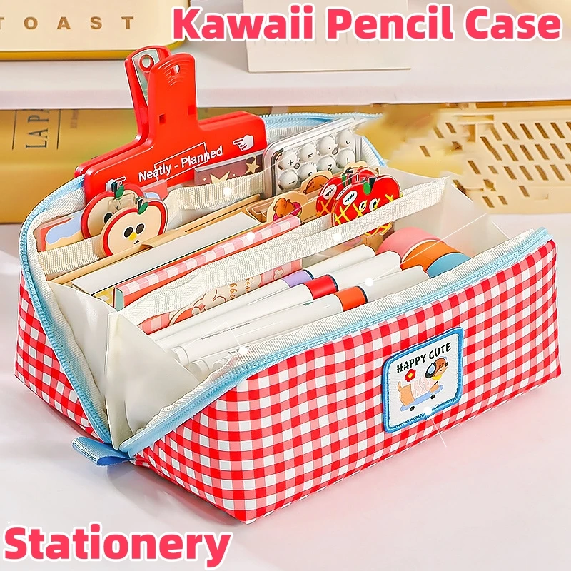 New Kawaii Cartoon Checkered Large Capacity pencil case Stud