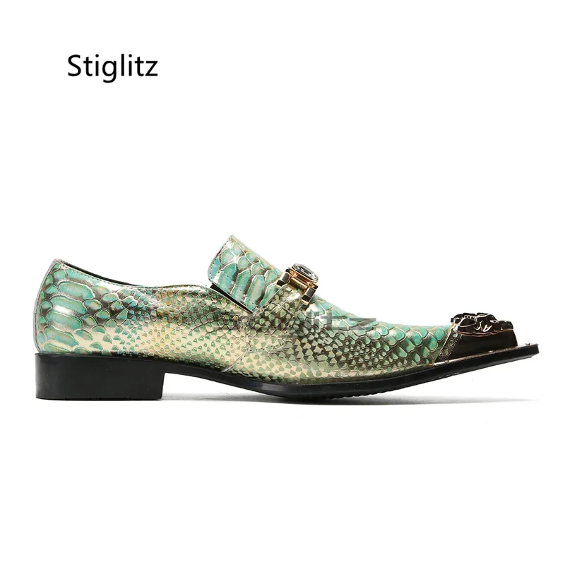 

Green Snake Pattern Men's Shoes Metal Pointed Toe Genuine Leather Business Dress Shoes Buckle Chain Decor Cowhide Shoes Male