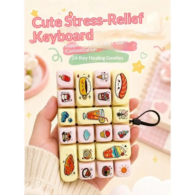 24 Keys Fidget Toy Keyboard Cute Cartoon Food Pattern Press Bubble Sensory Toy Custom Pattern Stress Relief Toy For Kids Adults