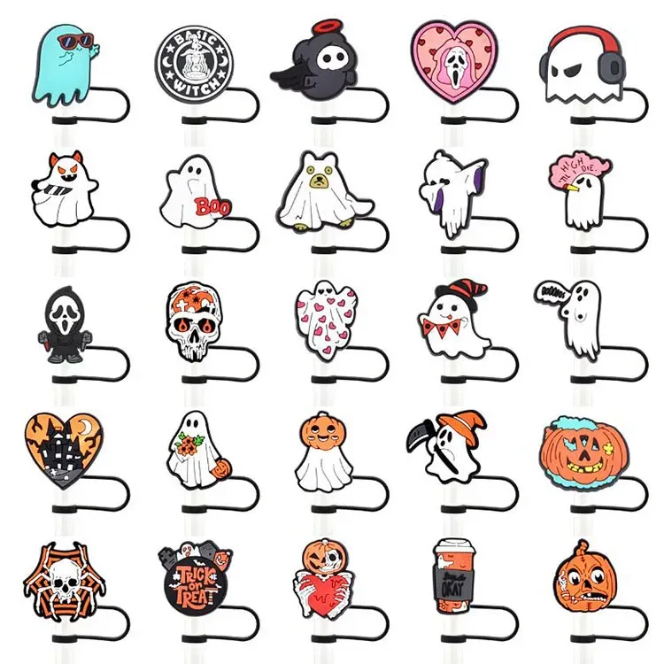 

50pcs New Silicone Straw Plug For halloween Drinking Dust decoration accessories cartoon skull orange straws cover gift