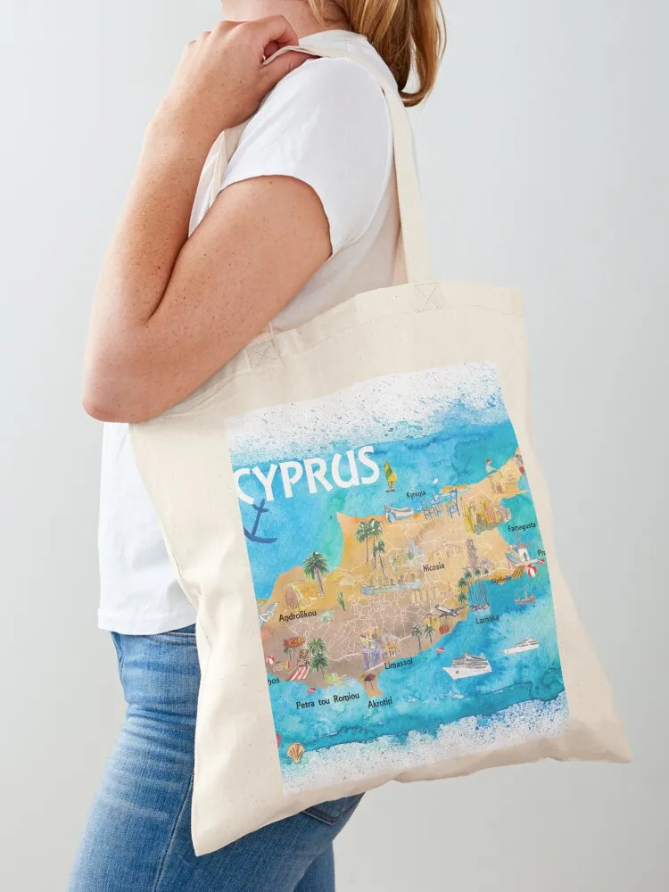 

Cyprus Illustrated Map with Main Roads Landmarks and Highlights Tote Bag Shopper handbag custom canvas bag free delivery bags